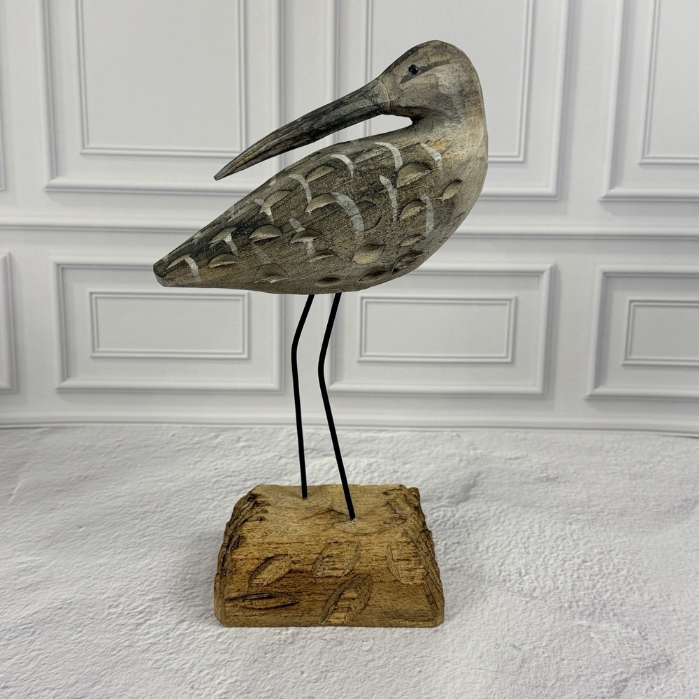 Hand Carved Wooden Egret Shorebird Sculpture Coastal Beach Decor Rustic Bird Art - Picture 2 of 16